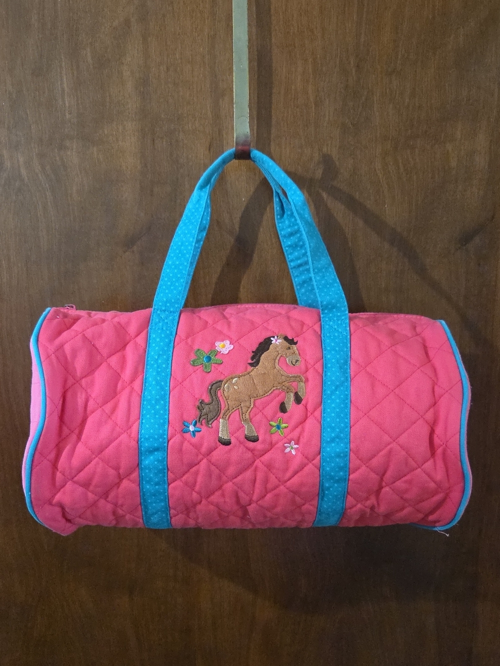 EUC-Stephen Joseph Pink Quilted Duffle Bag with Horse Applique